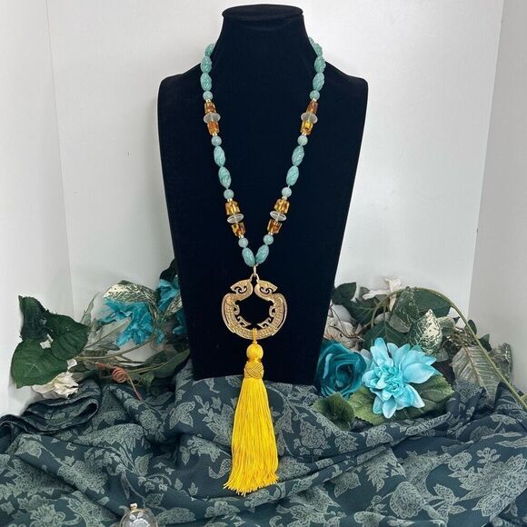 Jadeite Gemstones Tassel Necklace 12" Blue Gold-tone Chinese Zodiac Medallion - Picture 8 of 14